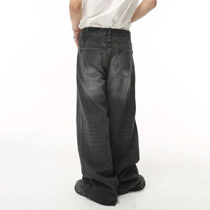 Jeans baggy droits personnalisés pour hommes, style streetwear, en denim de coton délavé foncé, effet usé, vintage et tendance - Product Image 5