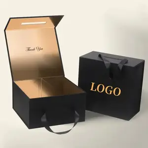 Caja de regalo plegable magnética con logotipo personalizado, embalaje de papel negro, cartón rígido, para zapatos cosméticos