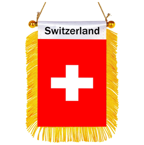 Drapeau de pays suisse imprimé double face de haute qualité Mini bannière à franges à accrocher à la fenêtre de la voiture - Product Image 1