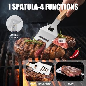 Ensemble d'outils de barbecue en bambou, boîte en bois, manche en bois, 11 pièces, ensemble de barbecue avec gants résistants à la chaleur et brochettes en acier inoxydable - Product Image 3