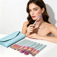 Ensemble de 10 pinceaux de maquillage avec sac, manche en acrylique, virole en aluminium, poils en nylon, pour fond de teint, blush, fard à paupières