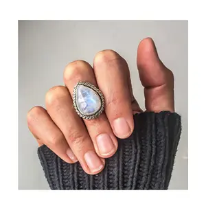 Punk style retro drop shape moonstone opal ring gemstone diamond ladies gift vintage ice cracked stone band ring