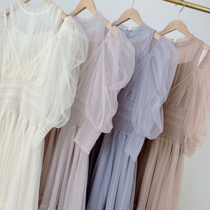 <span class=keywords><strong>Robe</strong></span> en Gaze Charmante à Manches Bouffantes Épaules Dénudées, Taille Cintrée Plissée en Chiffon Élégante pour Femme - Product Image 2