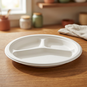 Bandeja para Comida Biodegradable y Compostable de Taiwán, 9 Pulgadas -3 Com, Libre de PFAS, D226xH19.6mm, 15g, Fabricada en Fábrica, 100% Biodegradable - Product Image 2