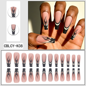 Vente en gros usine – 24 <span class=keywords><strong>faux</strong></span> ongles ABS de haute qualité, faciles à poser, motif flamme noire, style French long ballet, finition mate - Product Image 5