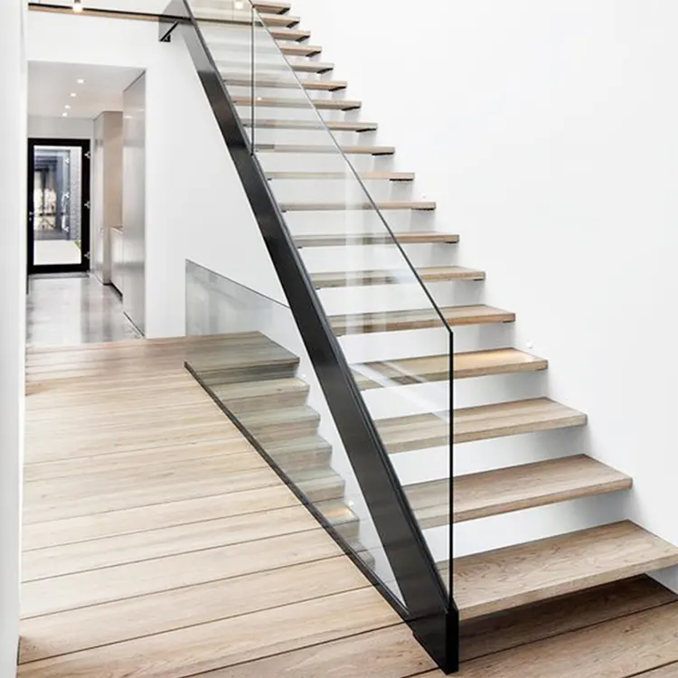 CLEAVIEW 나무 단계 플로트 계단 현대 유리 난간 부동 나무 트레드 계단