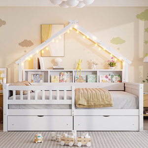 Children's Bed With Bookshelf <b>Storage</b> Drawers And Lights White Solid Wood <b>Kids</b> Bedroom Furniture - Product Image 2