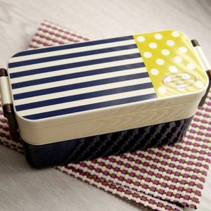 Boîte à bento rectangulaire pour adultes à 2 étages, en plastique, compatible micro-ondes, motif rayé - Product Image 1