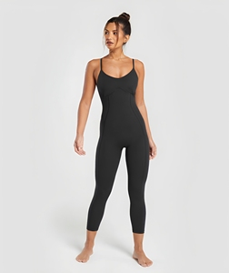 Combinaison moulante noire pour femme à fines bretelles, taille haute, effet ventre plat, sans manches, pour le yoga - Product Image 1