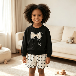 Completo Casual da Ragazza: <span class=keywords><strong>Felpa</strong></span> a Maniche Lunghe con Collo Rotondo e Fiocco 3D in Organza, Pantaloncini con Stampa Mini Fiocchi e Orlo Ondulato - Product Image 4