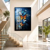 Peinture murale 3D en MDF avec papillons colorés modernes en cristal, cadre noir en verre trempé de luxe, salon, hôtels et restaurants