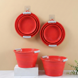 Cubo de Pesca Plegable de Silicona Rojo, Cubo de Agua Plegable para el Hogar, Camping, con Tapa - Product Image 1