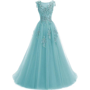 Evening Gown Tulle Skirt Ball Gown Scoop Neck Floral Print Green Sky Blue Women's Performance Dress - Product Image 1