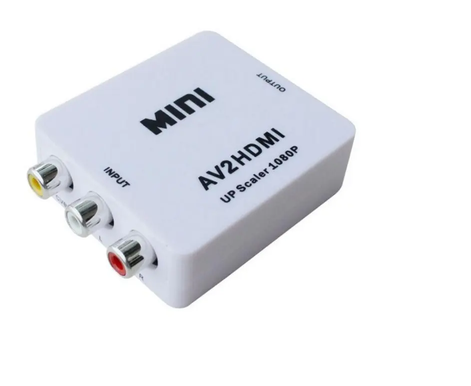 small white box mini HDMI2AV av2hdmi hd video 1080p CVBS mini 3 RCA AV to HDMI converter adapter audio tv