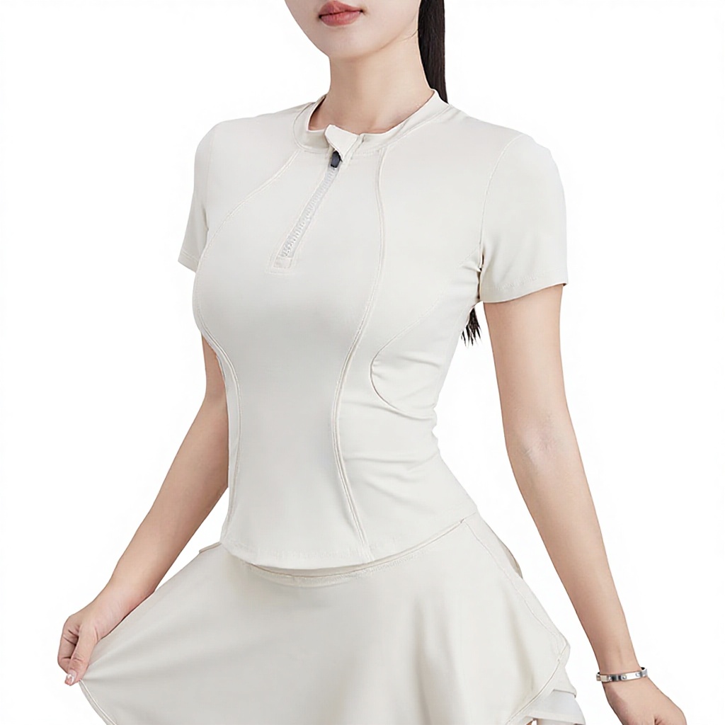Women's Yoga Sports Breathable for Short-sleeved Slim-fit Half-zip Stand Collar T-shirt for Summer Running Fitness