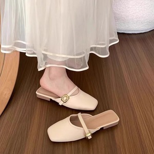 6196 여성 스퀘어 토 뮬 싱글 스트랩 메탈 버클 플랫 슬라이드 샌들 프렌치 스타일 슬립온 캐주얼 데일리 아웃도어 여성화 - Product Image 3