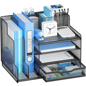 Organizador De Mesa De Escritório com Suporte De Arquivo Vertical 4-Tier Malha Carta Papel Bandeja organizador de mesa...