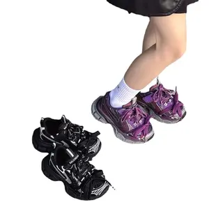 Fundo Grosso Crianças Sneaker Crianças Meninos Meninas Lace Up Preto Roxo Couro Natural Alta Qualidade Andando Correndo Formadores