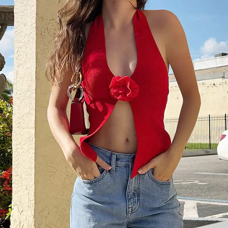 Hoa V cổ backless Y2K Top vest cho phụ nữ thời trang chắp vá sexy quây mùa hè 2023 Nữ Top Crop Tops de mujer