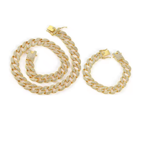 Vente chaude d'usine 2 pièces/ensemble Bracelet et collier chaîne cubaine en alliage et strass Hip Hop Bijoux