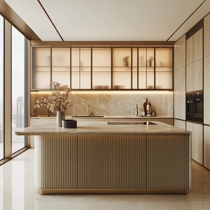 Gabinetes de cocina de isla listos para ensamblar, muebles de cocina de carcasa de madera contrachapada de diseño personalizado de fábrica, Armarios con tira de luz LED - Product Image 4