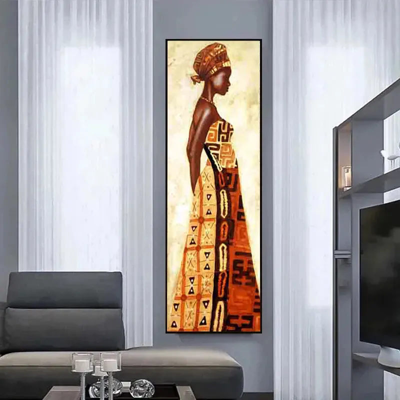 لوحة زيتية مجردة للنساء السود من أفريقيا على قماش مطبوع ملصق صورة أنثى أفريقي تقليدي ديكور المنزل الحديث 50x150cm