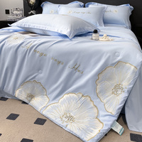 Nouvel Arrivage Ensemble de Couette et Couvre-lit 4 Pièces en Soie Lavée Brodé Uni Confortable