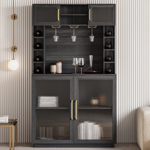 Gabinete moderno de vidrio acanalado para vino | Barra casera de almacenamiento múltiple de madera clara para minoristas - Product Image 2