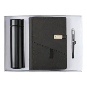 办公室工作人员定制标志黑色pu皮革日记本笔记本促销礼品套装，带笔和瓶子