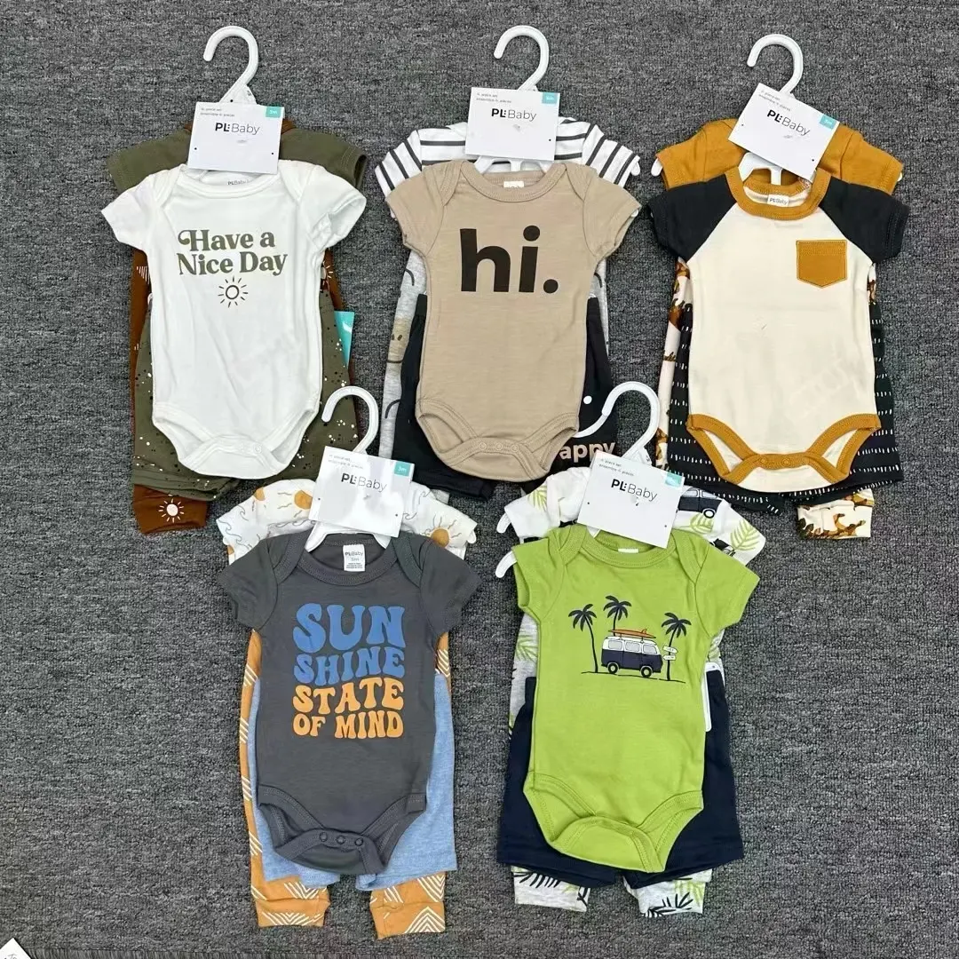 4ピースの新しい半袖お尻ジャンプスーツセット男の子女の子服幼児パジャマパジャマパジャマ竹ベビー服の卸売