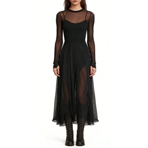 เดรสยาวผ้าตาข่ายซีทรูแขนยาวสำหรับผู้หญิง ทรงเอไลน์ชายกระโปรงไม่สมมาตร ชุดราตรีแฟชั่นสำหรับผู้หญิง - Product Image 2