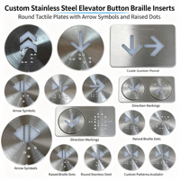 Plaques tactiles rondes personnalisables en acier inoxydable pour boutons d'ascenseur avec inscriptions en braille, symboles fléchés et points en relief, modèle 008