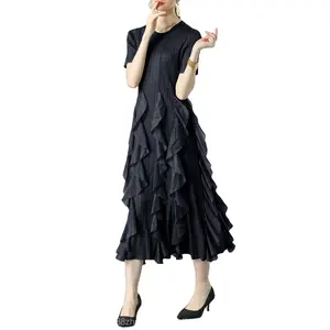 2023 Roupas mais recentes personalizadas Miyake Vestidos plissados com desenho de flores de folha de lótus para mulheres vestidos elegantes femininos