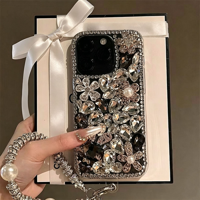Luxury 3D Rhinestone Flower Phone Case, Full Bling Diamond Protective Cover for iPhone 17 16 Pro Max 15 14 13