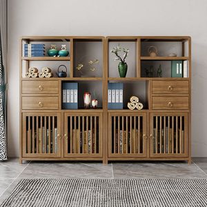 Estante de exhibición de madera maciza, librero de madera de caucho estilo chino, mueble de almacenamiento de pie para sala de estar/gabinete de té - Product Image 1