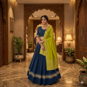 Lehenga Choli Tradicional Azul Marino para Mujer con Conjunto de Dupatta Verde Lima Profusamente Bordado para Bodas y Festivales Indios - Product Image 1