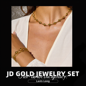 JD Women's 18K Gold Layered Bread Shape Chain Necklace Paper Clip <b>Bracelet</b> Set Stainless Steel for Party Sparkling Chic - Product Image 2