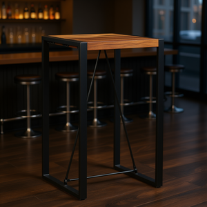 Table de bar carrée en bois d'acacia massif, design industriel, base à tréteaux, mobilier de bar pour la maison - Product Image 2