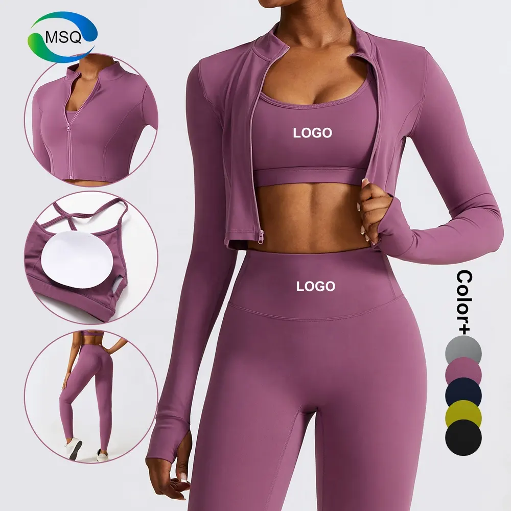 Logotipo personalizado 3 peça Set Mulheres Ginásio Vestuário Manga Longa Zipper Up Jacket Sports Bra e High Waisted Workout Leggings Yoga Set