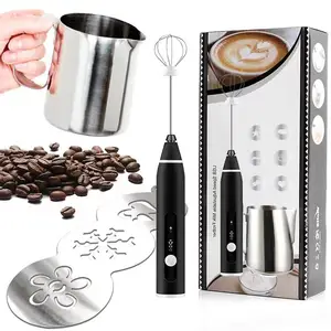 Top Seller 3-Speed Listrik Pembuat Busa Susu Frother Minuman Mixer USB Stainless Steel Whisk dengan Stensil & Pitcher