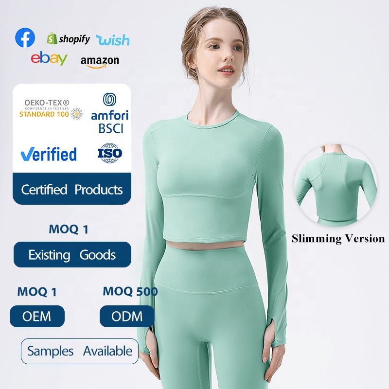 Women's Seamless Long Sleeve Yoga Top Round Neck Thumb Hole Quick Dry Breathable Sports T-Shirt