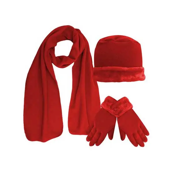 S122 Año Nuevo rojo felpa polar 3 piezas sombrero bufanda guante conjunto Super suave acogedor calentador invierno sombrero bufanda manopla
