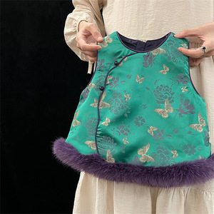 Tongxingyuan Girls Satin Jacquard Vest Thickening Flowers Purple Fur Trim Winter Chinese Style Sleeveless Qipao Coat - Product Image 2