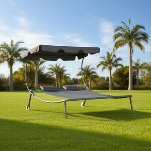 Chaise longue réglable avec auvent et roues, mobilier d'extérieur pour bronzer, design moderne, structure en acier, coussin en polyester - Product Image 2