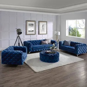 Luxo Italiano Moderno Seccional Sala Sofá De Veludo Azul Tufted L Forma Sofá Cama De Canto Chesterield Sofá Set Design