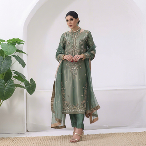 Traje de Kurti y Pantalón de 3 Piezas de Seda Choo Bordado de Diseñador Pakistaní al por Mayor - Product Image 1
