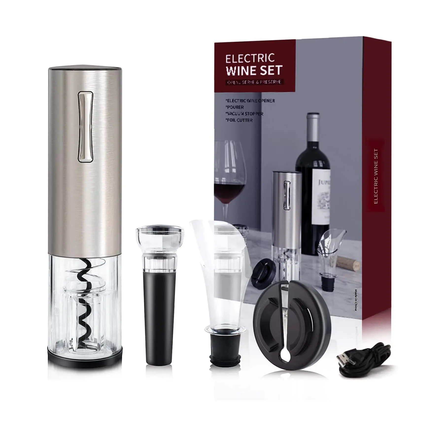Rechargeable unique auto electric corkscrew stainless steel wine bottle opener corkscrew kit with package
