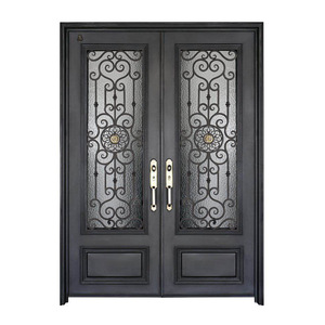 Double portes pivotantes extérieures en acier de sécurité moderne, conception de porte en fer, Double porte d'entrée en verre pour maison Villa - Product Image 1