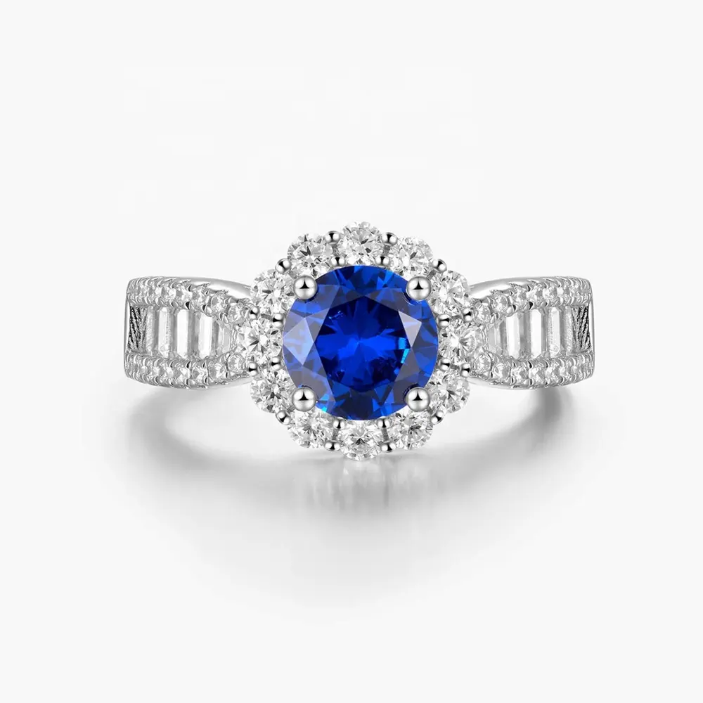Classic 925 Sterling Silver Ring With A Central Sapphire And White Stone Surround For Everyday Wear By Women