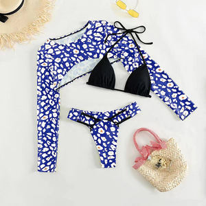 새로운 디자인 재고 표범 사용자 정의 로고 섹시한 3 조각 비키니 비치웨어 긴 소매 커버 삼각형 수영복 여성 수영복 - Product Image 3